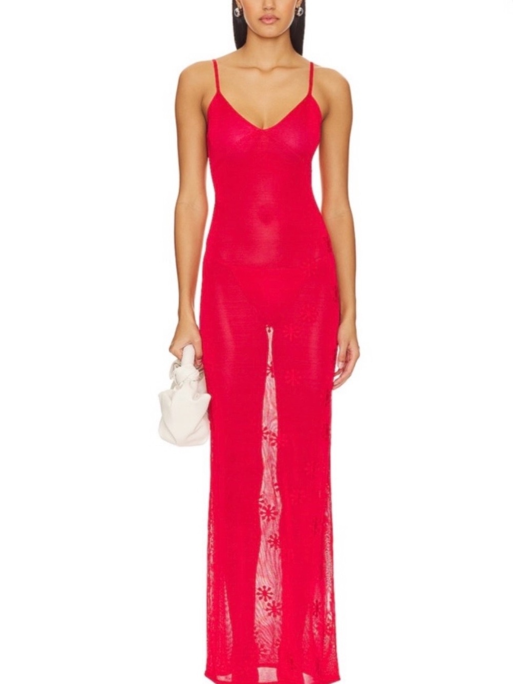 Red Spaghetti-Strap Maxi Dress with Sheer Paneling